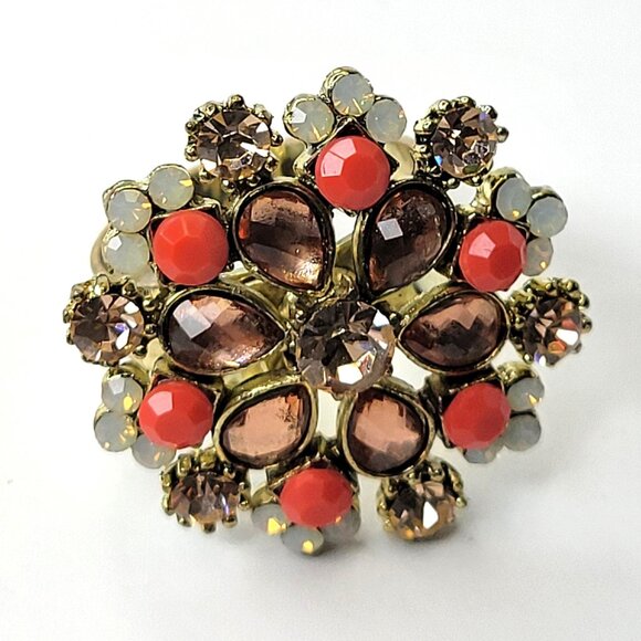 Coral and White Flower Ring,Crystal Floral Ring, Adjustable Flower Ring - Picture 2 of 14